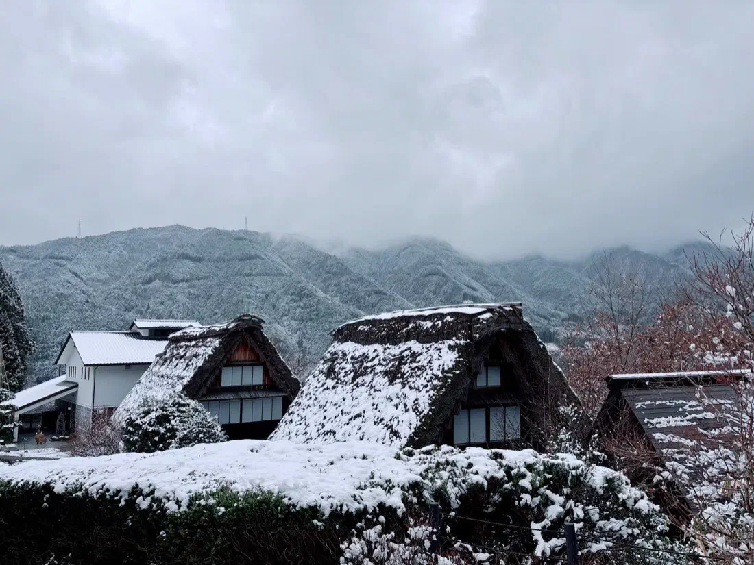 雪が積もった下呂温泉合掌村の合掌造りの家